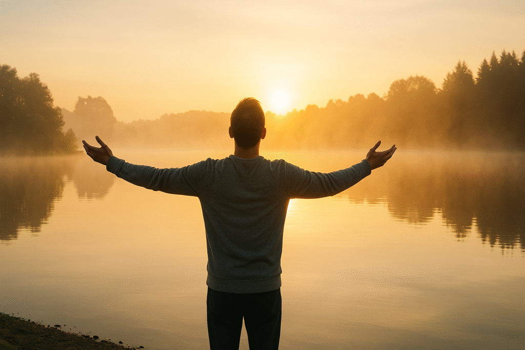 person meditating in morning light symbolizing spiritual growth and inner strength